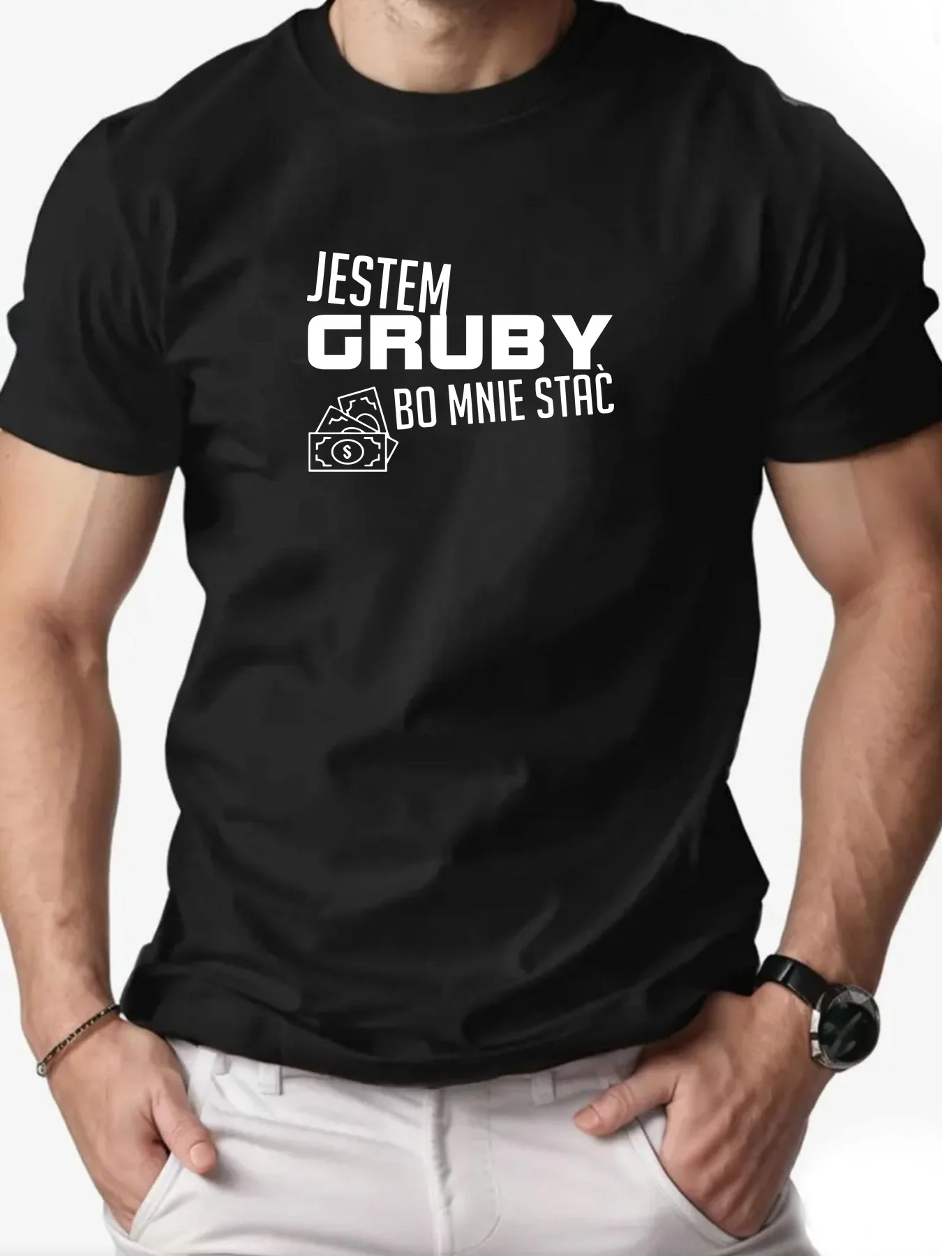 Camiseta Unissex de Algodão com Estampa Engraçada de Dinheiro e Citação Polaca: "Jestem Gruby Bo Mnie Stać" - Blusa Casual de Manga Curta