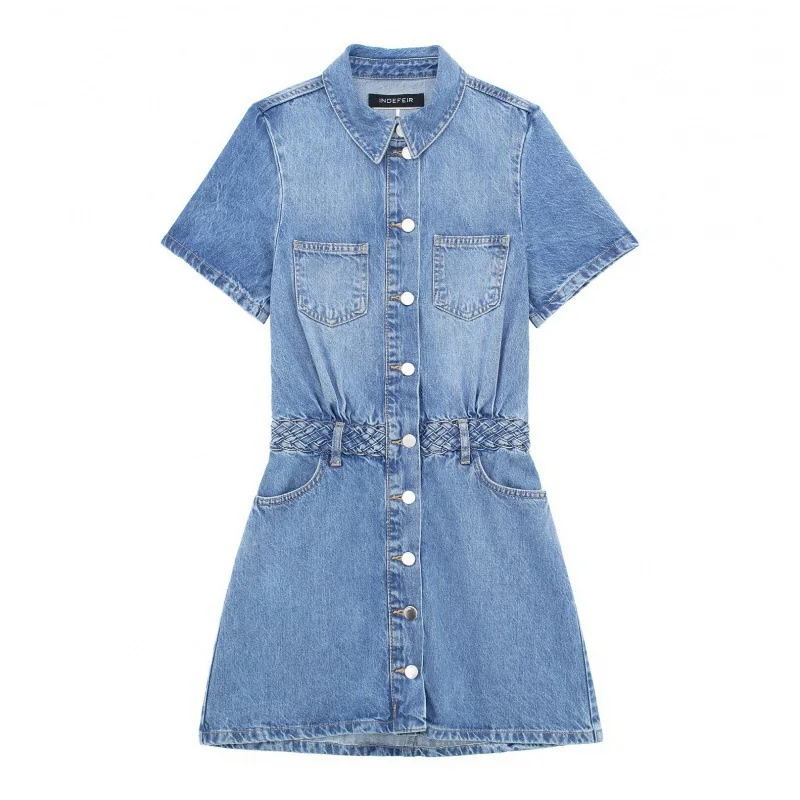 

2024 Spring and Autumn New Denim Short Sleeve Women's Clothing French Fashion Trend Solid Color Pocket Button Short Dress