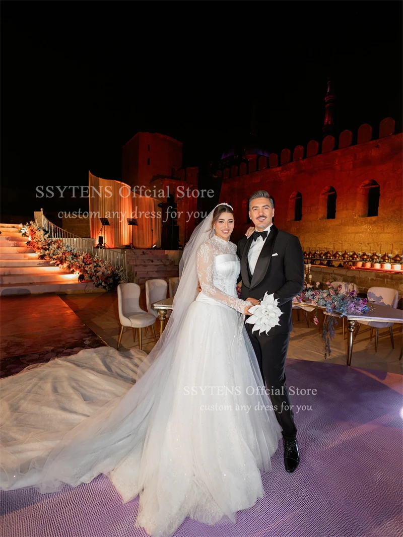 فساتين زفاف مدنية أنيقة من SSYTENS برقبة عالية على شكل حرف A زي العرائس مزينة بالترتر وفتحة جانبية فساتين عروس أنيقة حسب الطلب