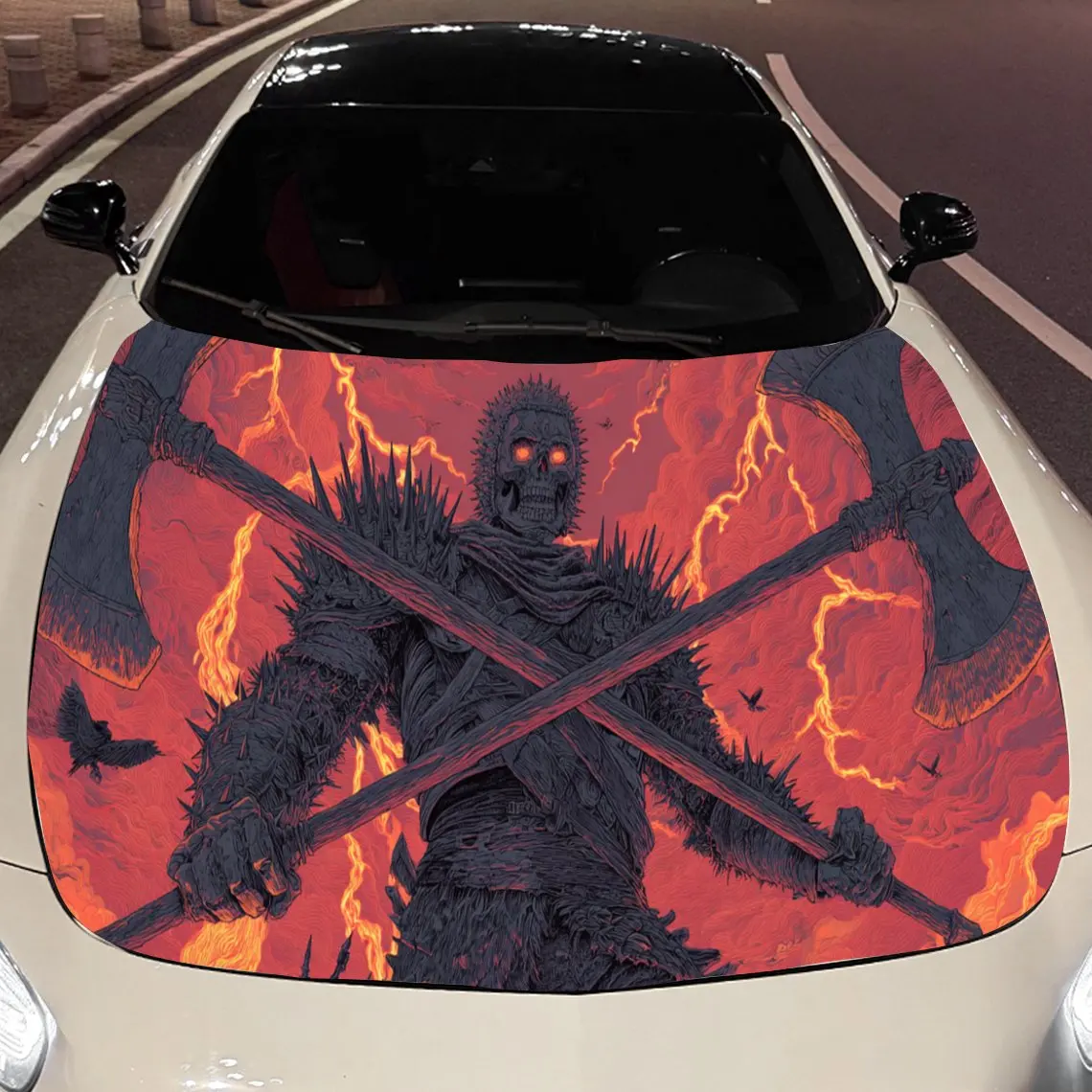 

Eerie Spiky Skeleton and Lightning Pattern Car Hood Sticker, Waterproof Self-adhesive Vehicle Vinyl Wraps Decal, Trendy Auto Ext