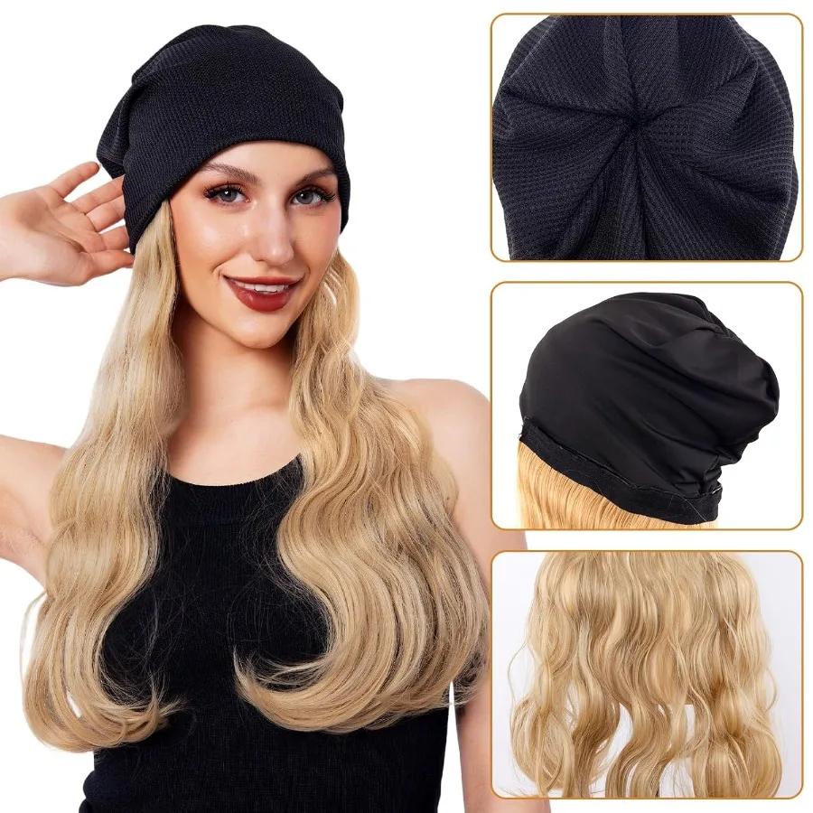 طويل مجعد الشعر الاصطناعية قبعة شعر مستعار محبوك قبعة مع الشعر المرفقة للنساء الأبيض شقراء تأثيري قبعة متموجة قبعة مثالية ل C
