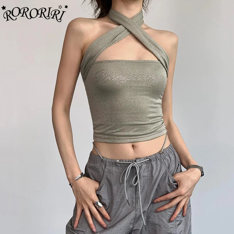 RORORIRI Cross Over Halter Top for Women Summer Fitted Open Back Rhinestone Letter Sleeveless Tube Crop Top Y2k Vintage Clothing