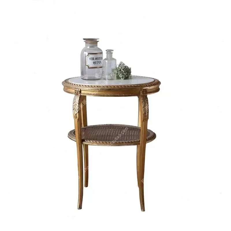 

French retro solid wood gold old round living room coffee table antique creative rattan art marble corner table