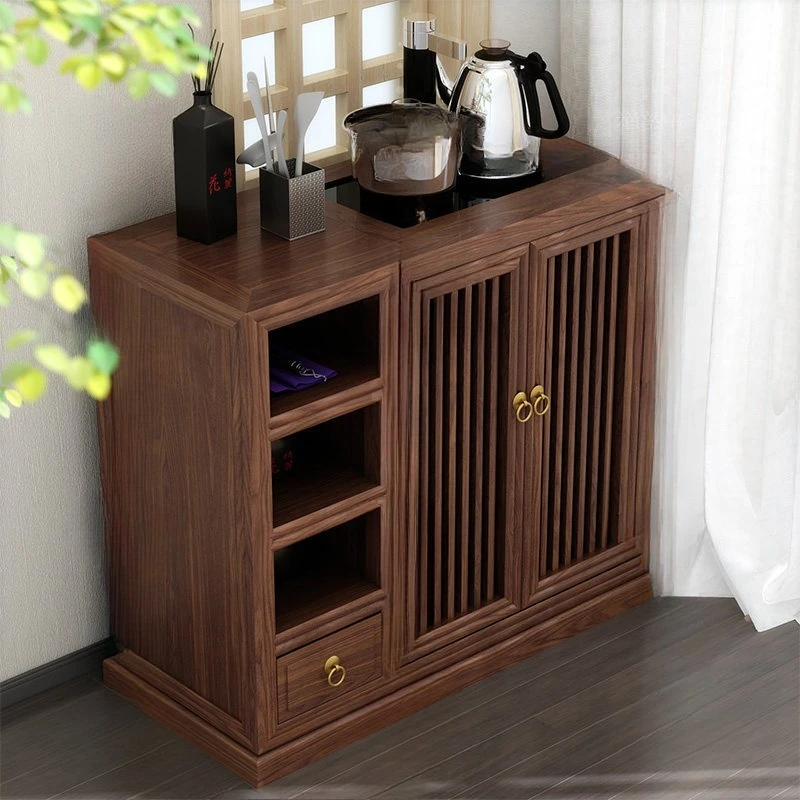 Solid wood tea cabinet Zen modern black walnut tea table with bucket under the tea