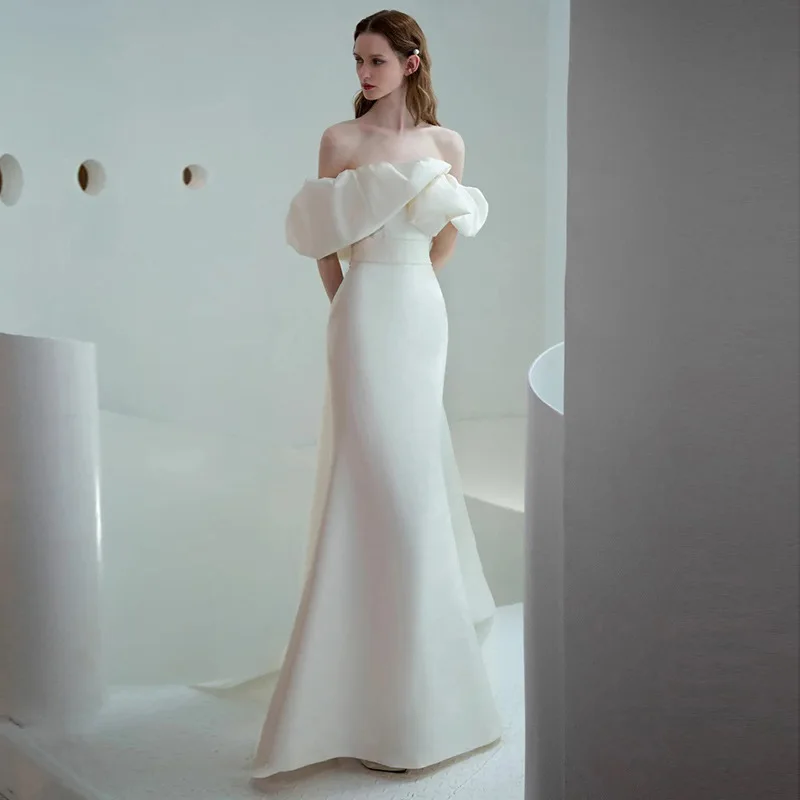 Elegant Satin Wedding Dress One Shoulder Princess Style Long Train Bride Gown Women's Fashionable Korean Simple Outfit
