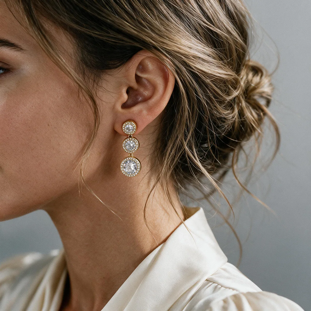 Ars Stainless Steel Drop Earrings for Women 18k Gold Plated Link Earring Triple Round Zircon Dangle Earrings Statement Jewelry