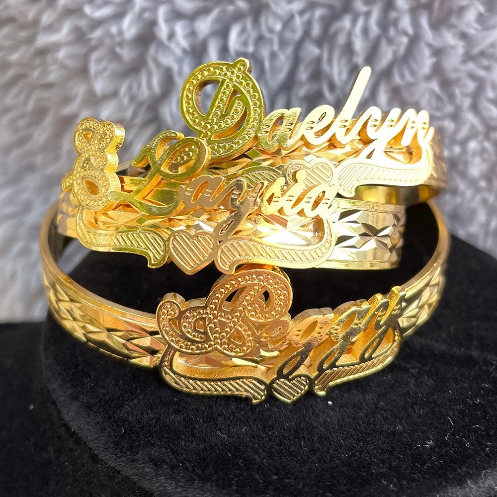 New Children's Kid's Silver Gold Plated Personalized Hip Hop Custom Adjustable Letter Name Cuff Designer Bangle Bracelet Jewelry