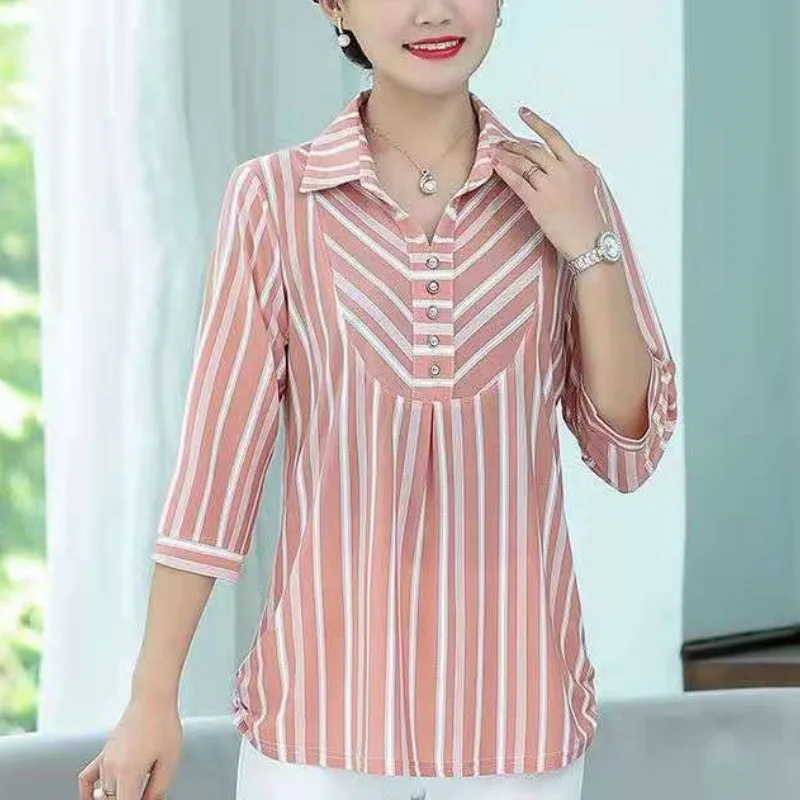 Spring Summer Women's Stripe Button Pullover Contrast Color Three Quarter T-Shirts Casual Elegant Turn-down Collar Clothing Tops