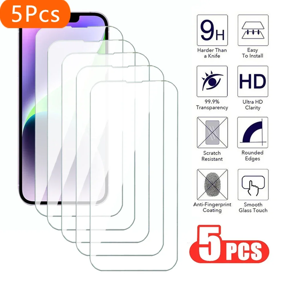 5 pezzi di vetro temperato trasparente per iPhone 13 14 15 16 Plus Pro Max protezione schermo per iPhone 13 Mini pellicola protettiva in vetro