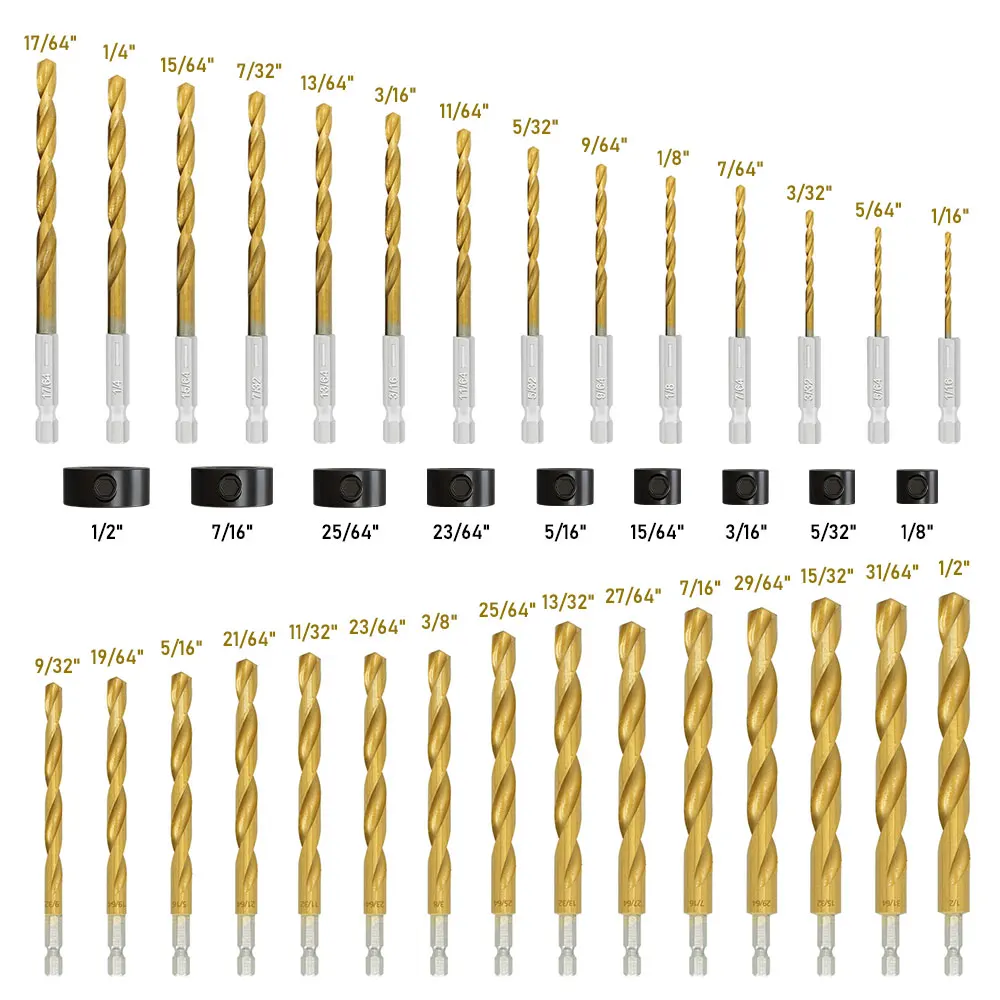 29 Piece Titanium Plated Twist Drill Bit Set with 9 Piece Drill Locator Set, Hex Shank High Speed Steel Plastic Case