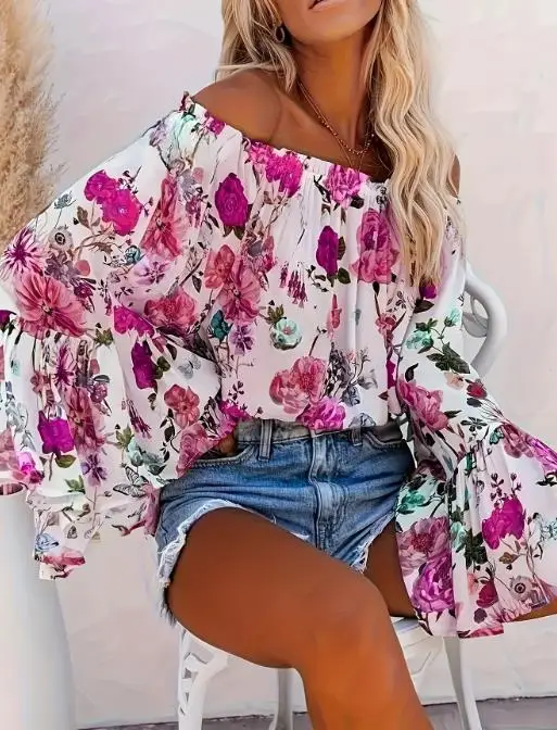 

Flower Print Summer Women's Fashionable Casual One Neck Off Shoulder Top with Elegant Slim Fit Design and Flared Sleeves