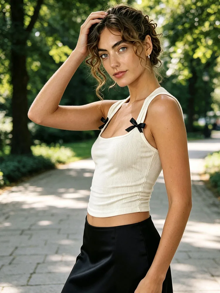 Women Halter Tank Top Square Neck Sleeveless Crop Top Contrast Bow Decor Slim Casual Cami Vest