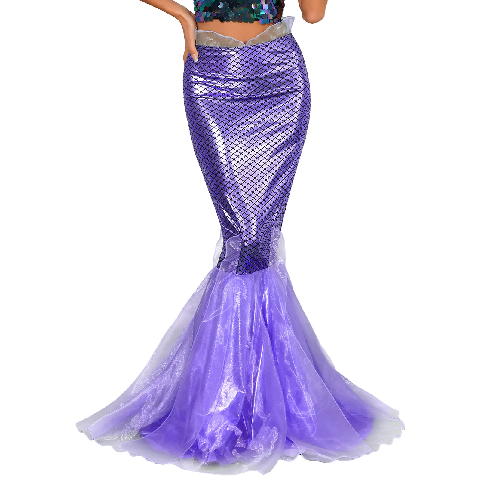 

Womens Halloween Mermaid Cosplay Maxi Skirt Cascading Tulle Fish Scale Print Metallic Shiny Fishtail Skirt for Party Dress-Up