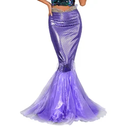 Womens Halloween Mermaid Cosplay Maxi Skirt Cascading Tulle Fish Scale Print Metallic Shiny Fishtail Skirt for Party Dress-Up