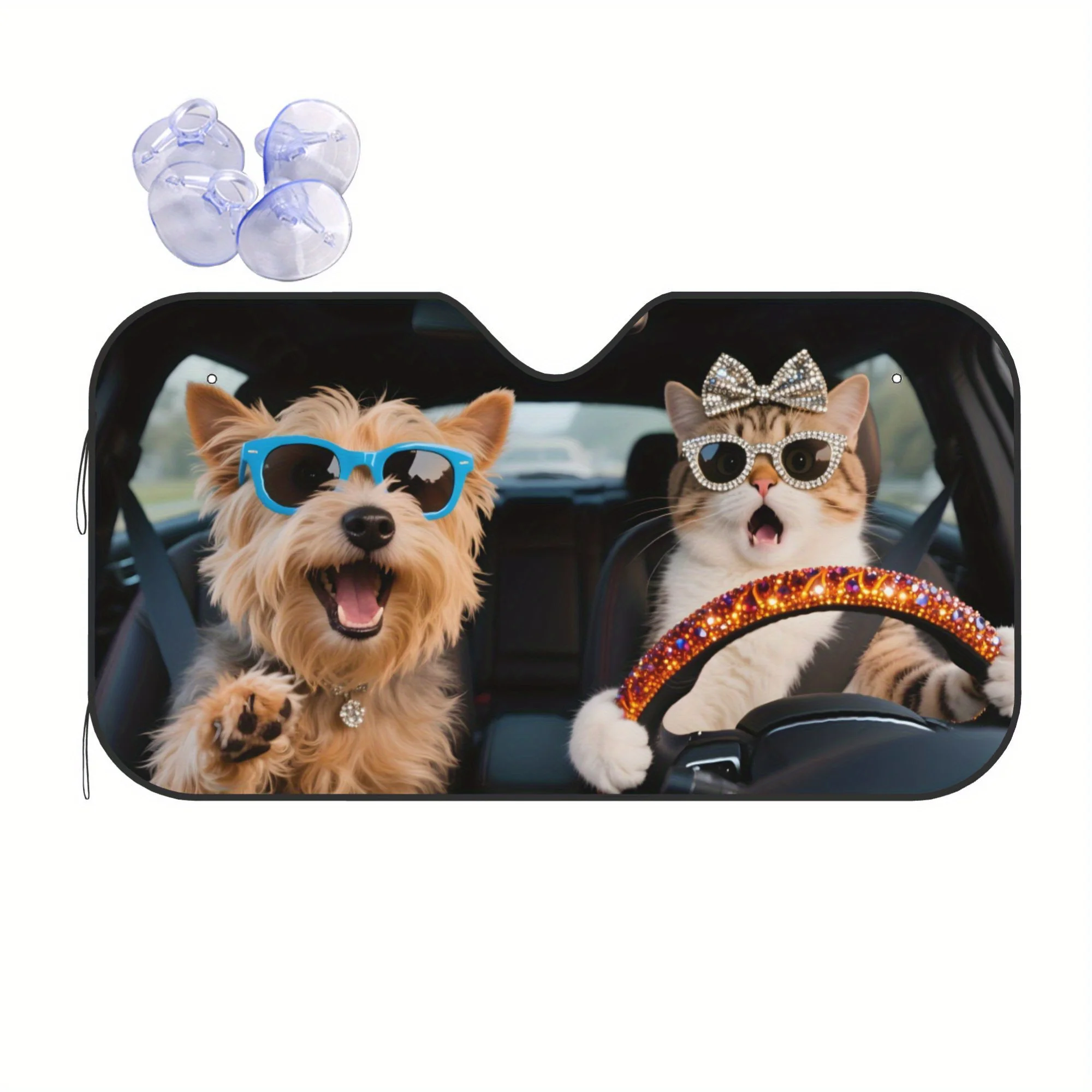 

1 шт. очаровательный чехол на лобовое стекло автомобиля с изображением кота и собаки — защита от ультрафиолета, тепло и солнцезащитный коврик для автофургонов, автомобилей, внедорожников — прочный полиэстер