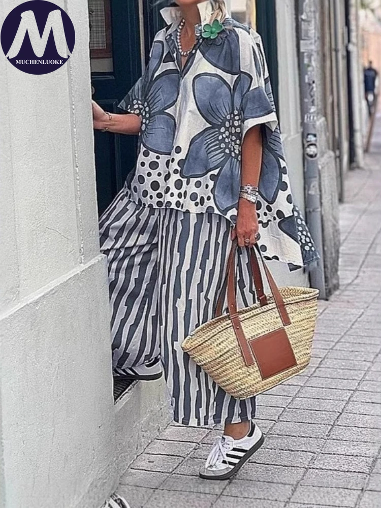 

2 Pieces Set for Woman 2025 Summer New Printed Trumpet Sleeves Lapel Tops Suits Fashionable Casual Loose Wide Leg Pants Sets