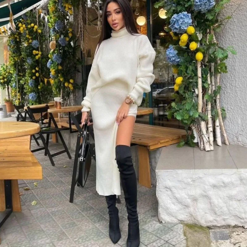 High Neck Pullover Top Jumper Skirt Two Piece Set 2021 New Fall Winter Loose Open Sexy Long Fkirt Fashionable Casual Jumper Set