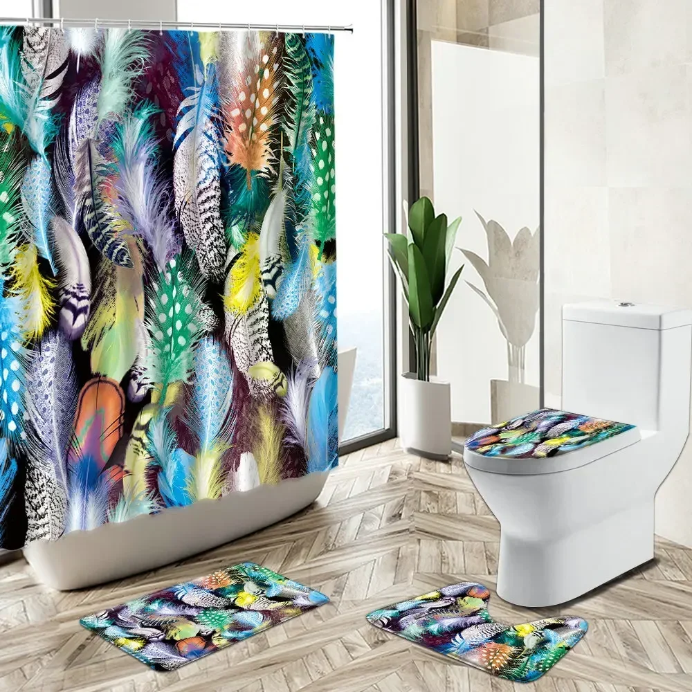 Peacocks Feather Print Shower Curtain Exotic Flower Watercolor Art Home Decor Bath Mat Toilet Cover Flannel Bathroom Carpet Set