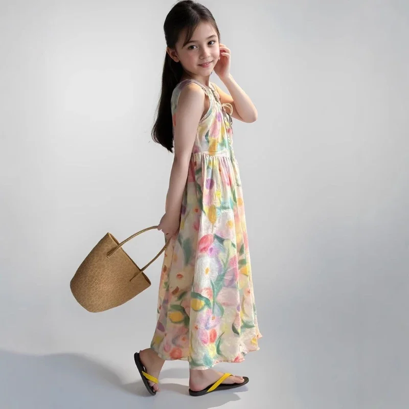 

Girls Vest Dress 2025 Summer Kids Floral Princess Dresses Dog Outfit Cute Clothes New Vacation Long Gown Family Matching Set Pet