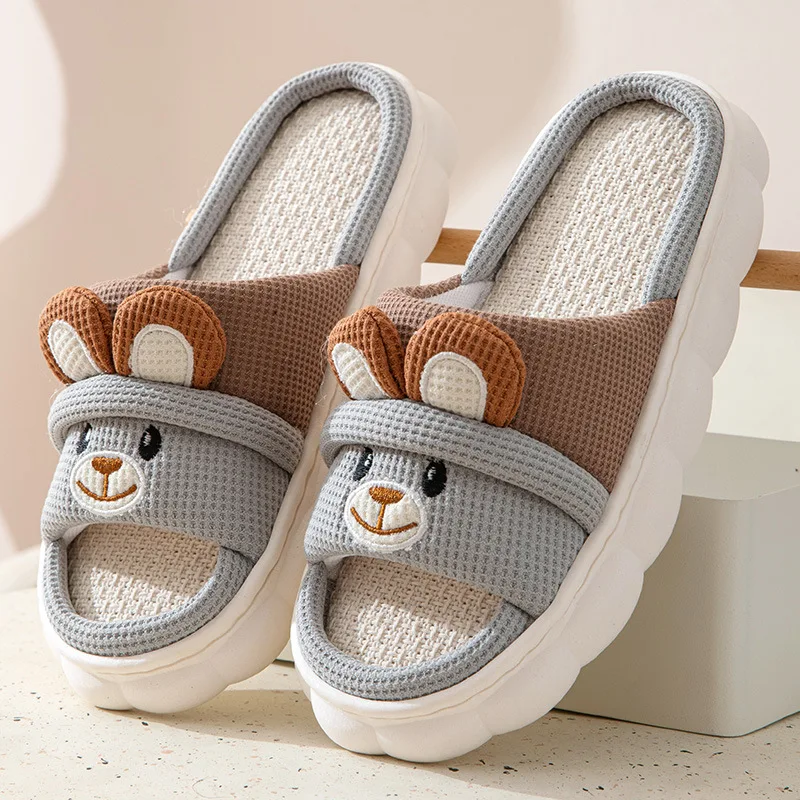 Cute Rabbit Plush Slippers Women Men Four Seasons Cotton Linen Slippers Winter Platform House Slippers Non-Slip Floor Mute Shoes