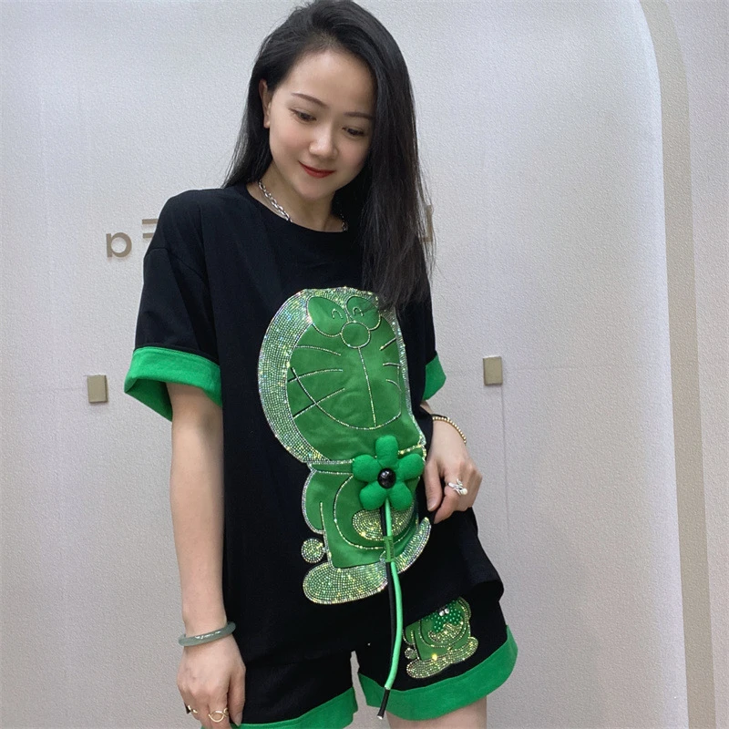 2024 New Summer Women Two-piece Set Cartoon Hot Drilling Loose T-shirt Short Sleeve Top + Casual A-line Shorts Female Suits