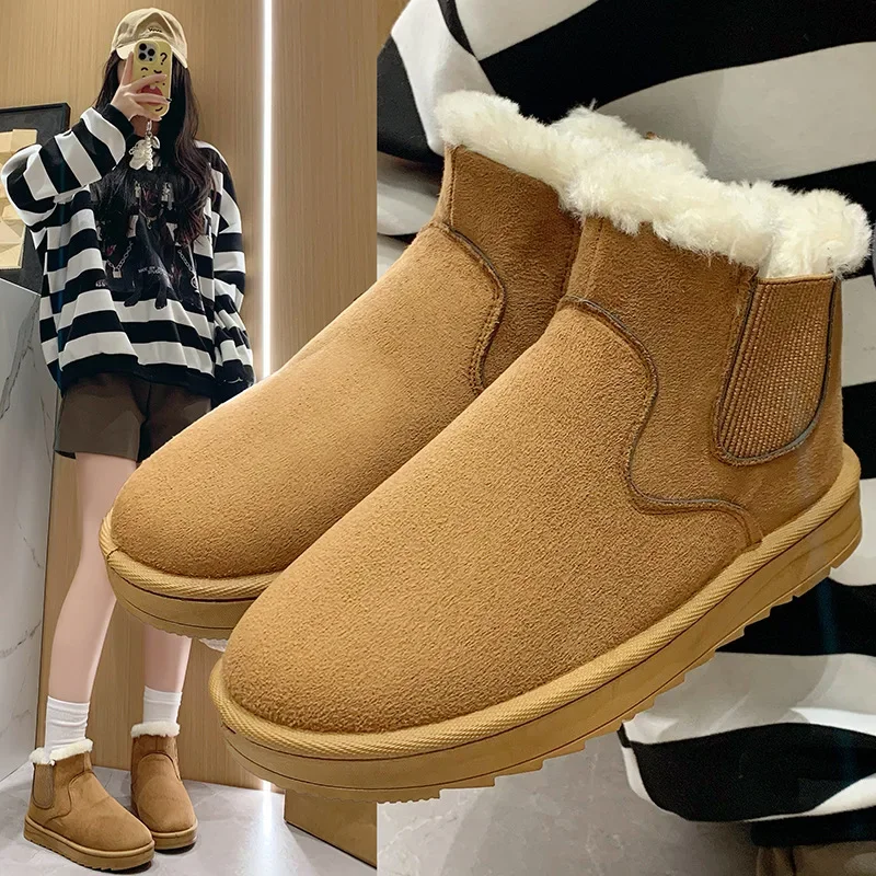 2024 New Women's Fleece-Lined Warm Snow Boots Plus Size European Style Round Head Side Elastic Belt Winter Season China Origin