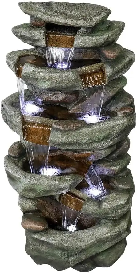 Rocks Outdoor Water Fountain - 6-Tiers Cascading Waterfall with LED Lights, Soothing Tranquility for Home Gard