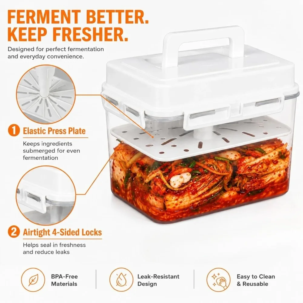 Kimchi Fermentation Container, Automatic Press Plate Sauerkraut Jar Pickle Container, Airtight Plastic Food Storage Container