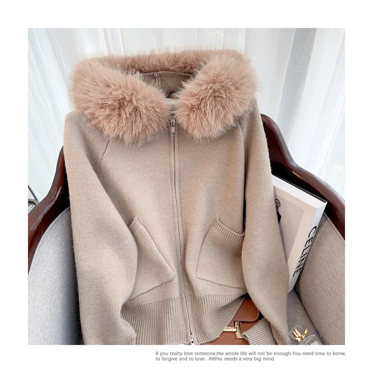 

Women's Brown Hooded Large Fur Collar Sweater 90s New Design Y2k Korean Street Harajuku Style Gentle Slim Versatile 2000s Top