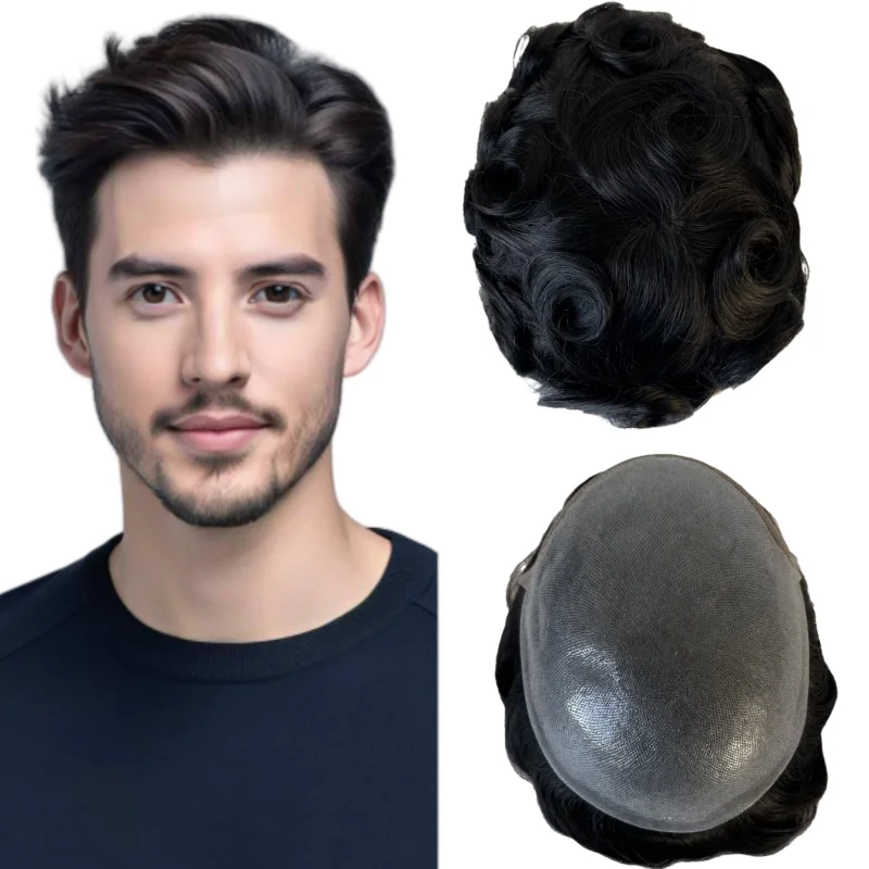 

Indian Virgin Human Hair Replacement #1A Black Color BIO Toupee PU with Front Lace Toupee for Men