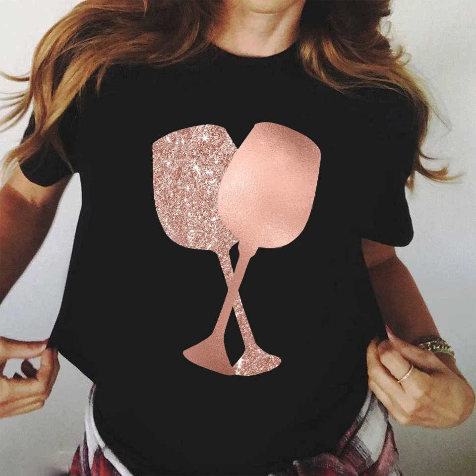 Wine Glasses Printed Tshirts Women Summer Short-sleeve Wine Glass Funny Casual T Shirts Female Black Tops Woman Clothing