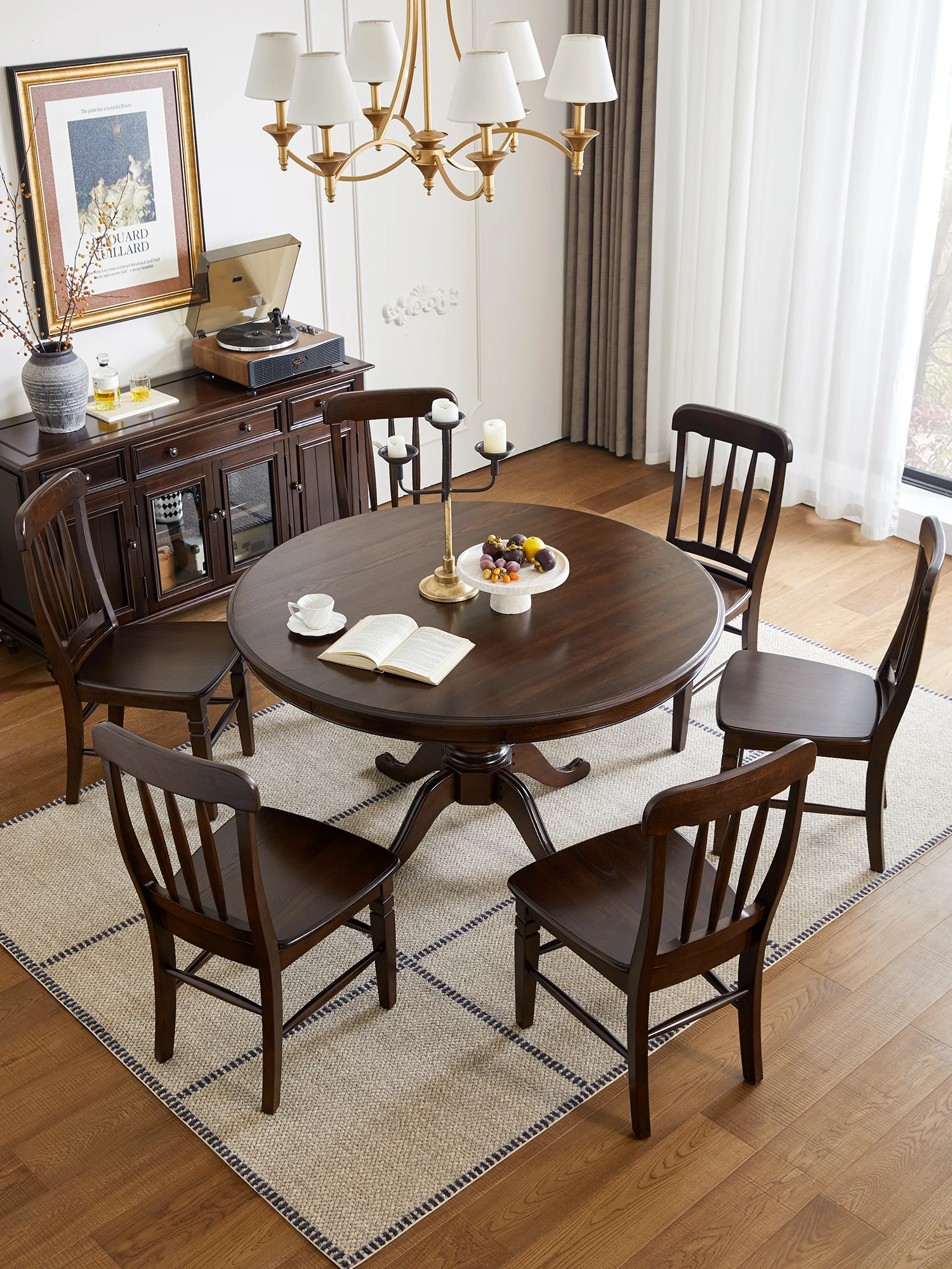 LTT American round dining table pure solid wood retro round table restaurant round dining table and chair combination