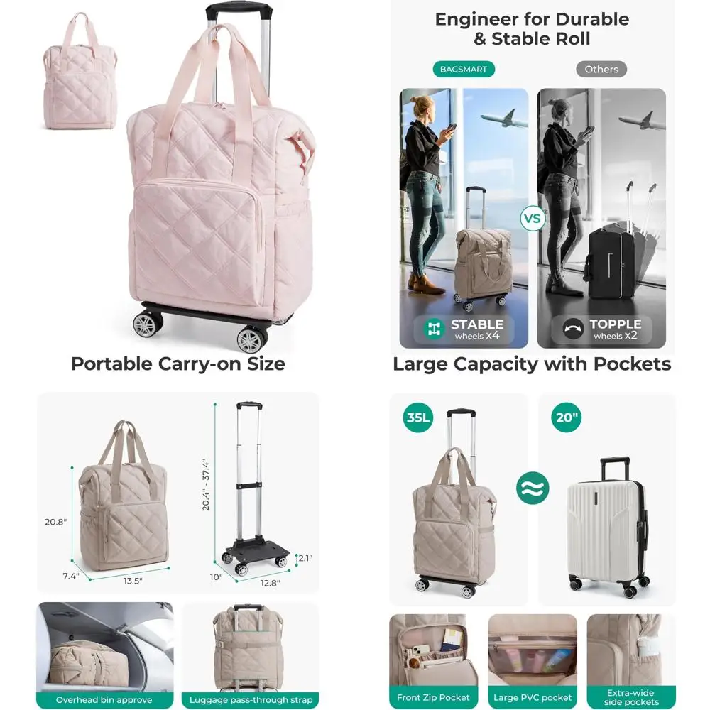 

Rolling Duffle Bag 35L Carry-On Travel Bag with Detachable Wheels, PVC Wet Pocket Duffel for Efficient Packing and Mobility