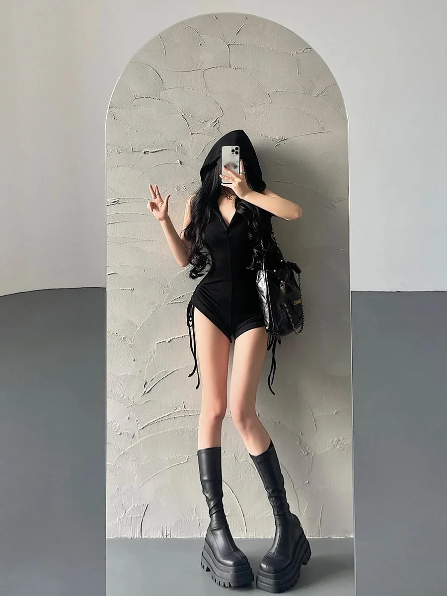Sweet Girl Hooded Drawstring Slim Sleeveless Open Back Drawstring Folded Jumpsuit Fashion European American Playsuits S2P7