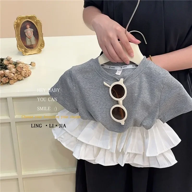 Girls Suit Backless T-shirt Suit 2024 Summer Dress Fashionable Ins Pleated Skirt Fluffy Cake Skirt Mini Skirt Two-stove Set