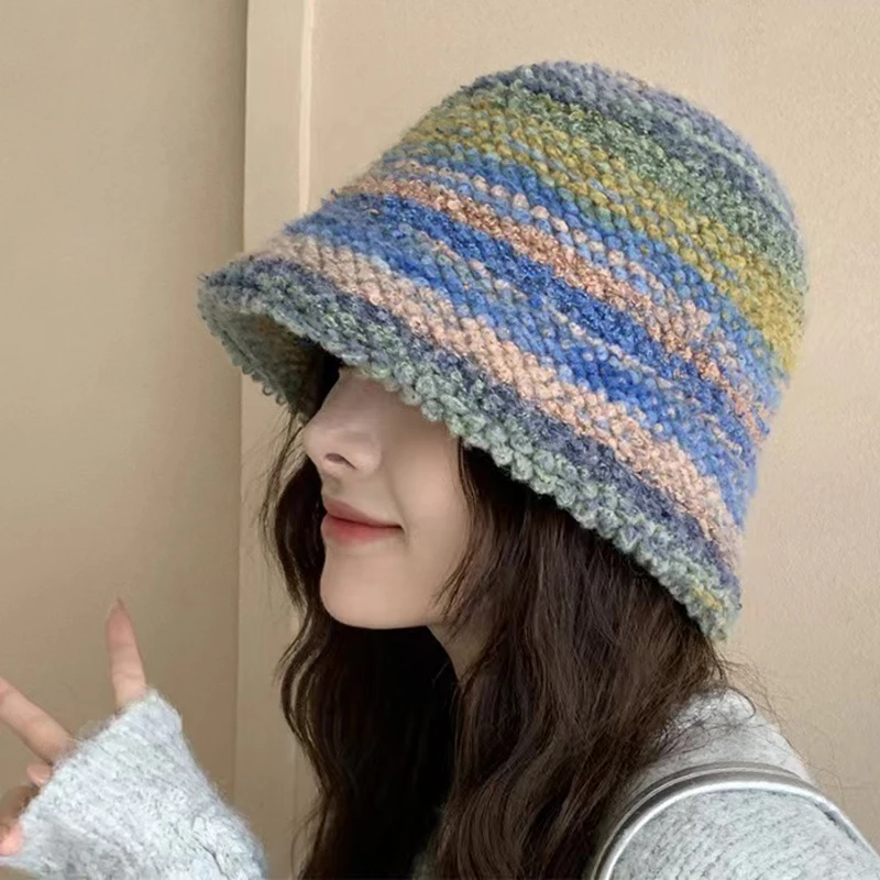 Autumn Winter New Colorful Knitted Bucket Hat for Women Korean Fashion Dopamine Warm Fisherman Hat Japanese Causal Thick Panama