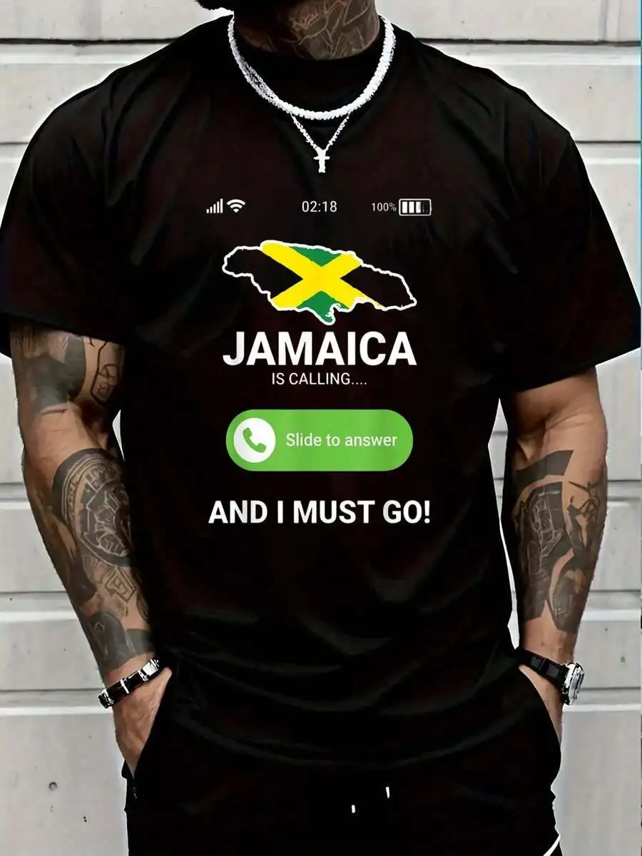 100% Cotton Jamaica Is Calling And I Must Go Bound Jamaican Flag Travel T-Shirt Men's Black Vacation Crew Neck Short Sleeve Holi