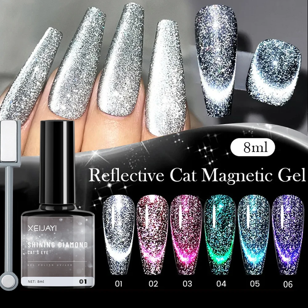 8ML Odblaskowy Cat Magnetic Gel Nail Polish Shining Diamond Silver Glitter Cat Eye Gel Semi Permanent Soak Off UV Gel Varnishes