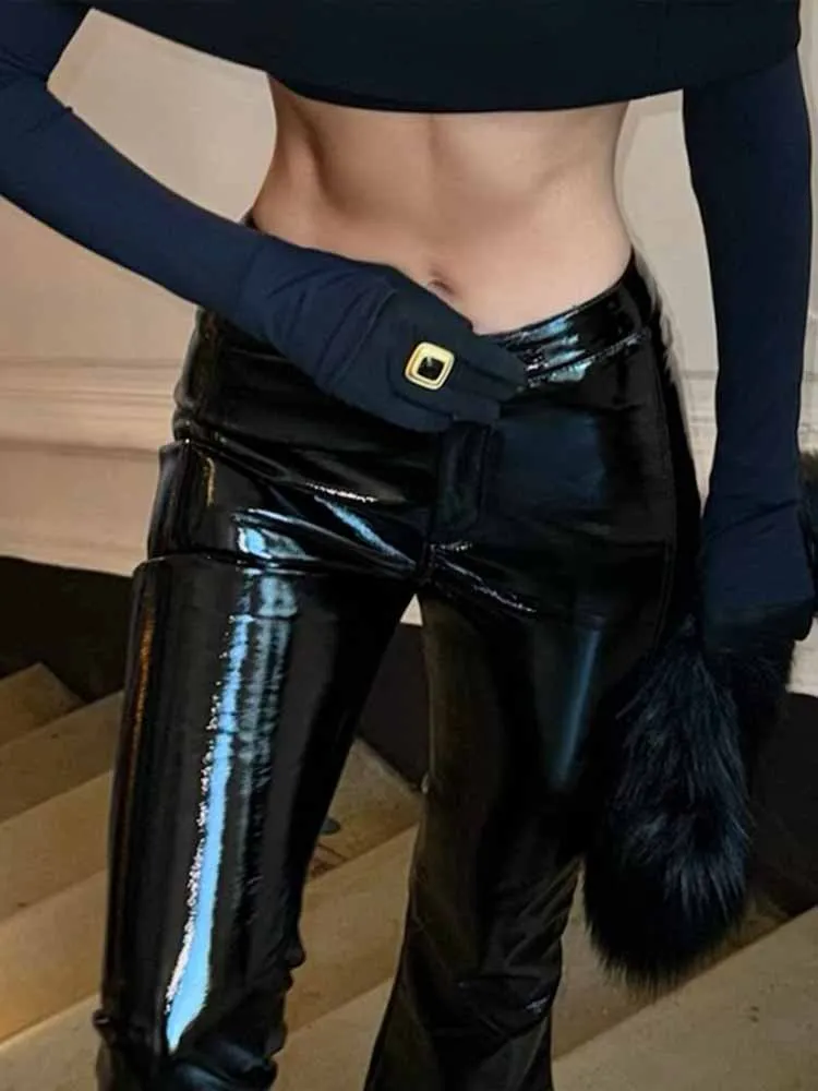 BKQU فاسق منخفضة الخصر بنطال جلدي النساء خمر الشارع الشهير Y2K Ruched نحيل أسود مضيئة بنطلون موضة الهيب هوب قيعان 2025 #2
