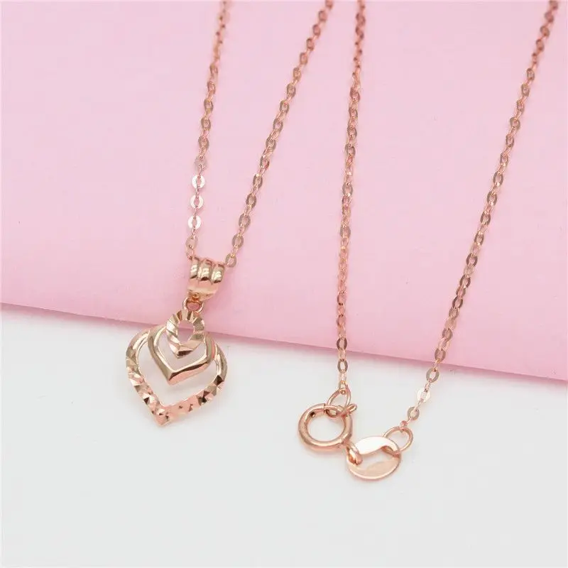 Colar de pingente de coração duplo 14K ouro rosa Clavícula Cadeia Jóias, 585, simples charme chapeado, design clássico, moda clássica