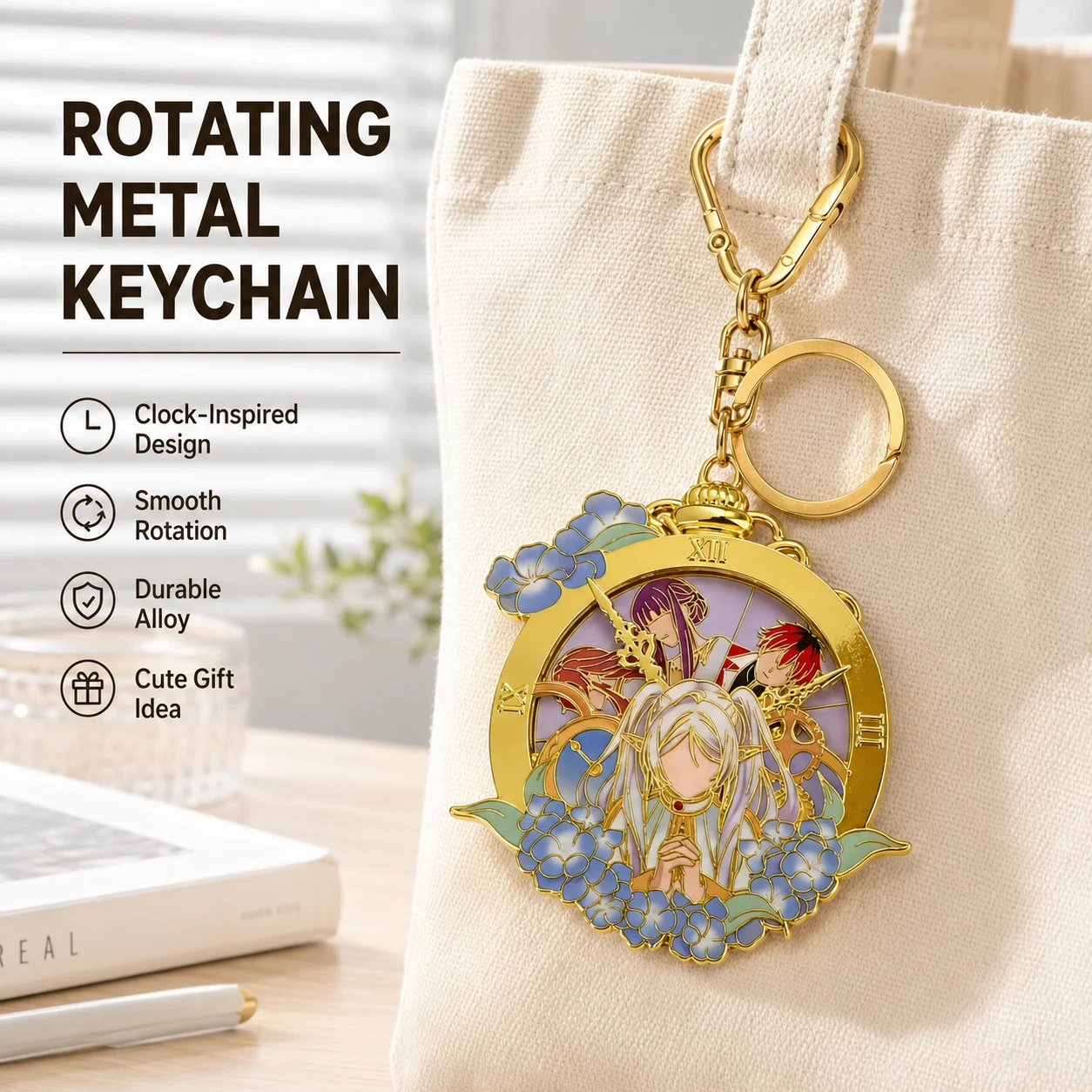 Rotating Anime Metal Keychain 360 Degree Pendant Key Ring Clip Bag Charm Collectible Backpack Accessory Gift for Fans