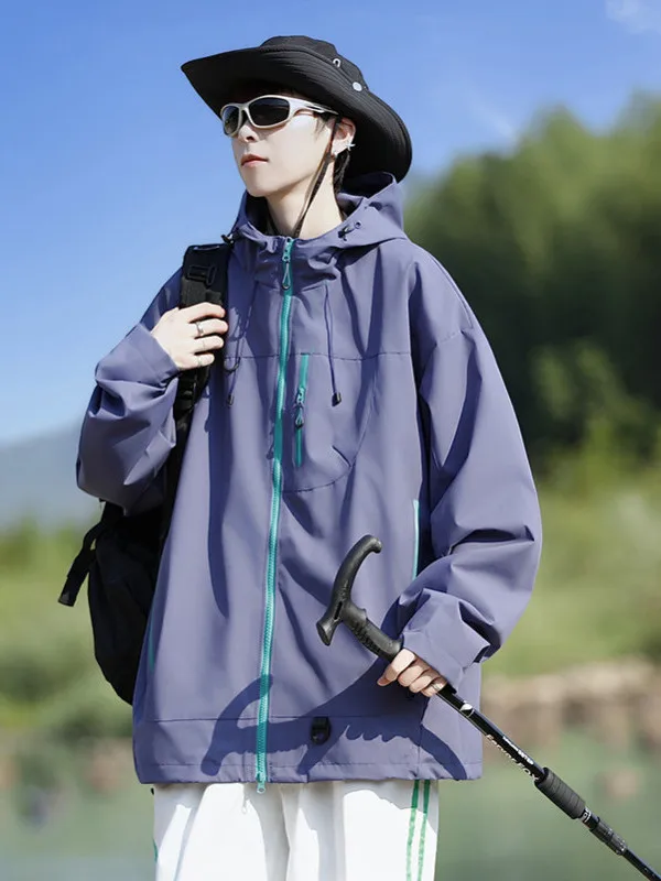 ユニセックスアウトドアフード付きジャケット2025新スタイル三防ルーズフィットプルオーバーコートユースポリエステル繊維防風長袖ジッパー開閉