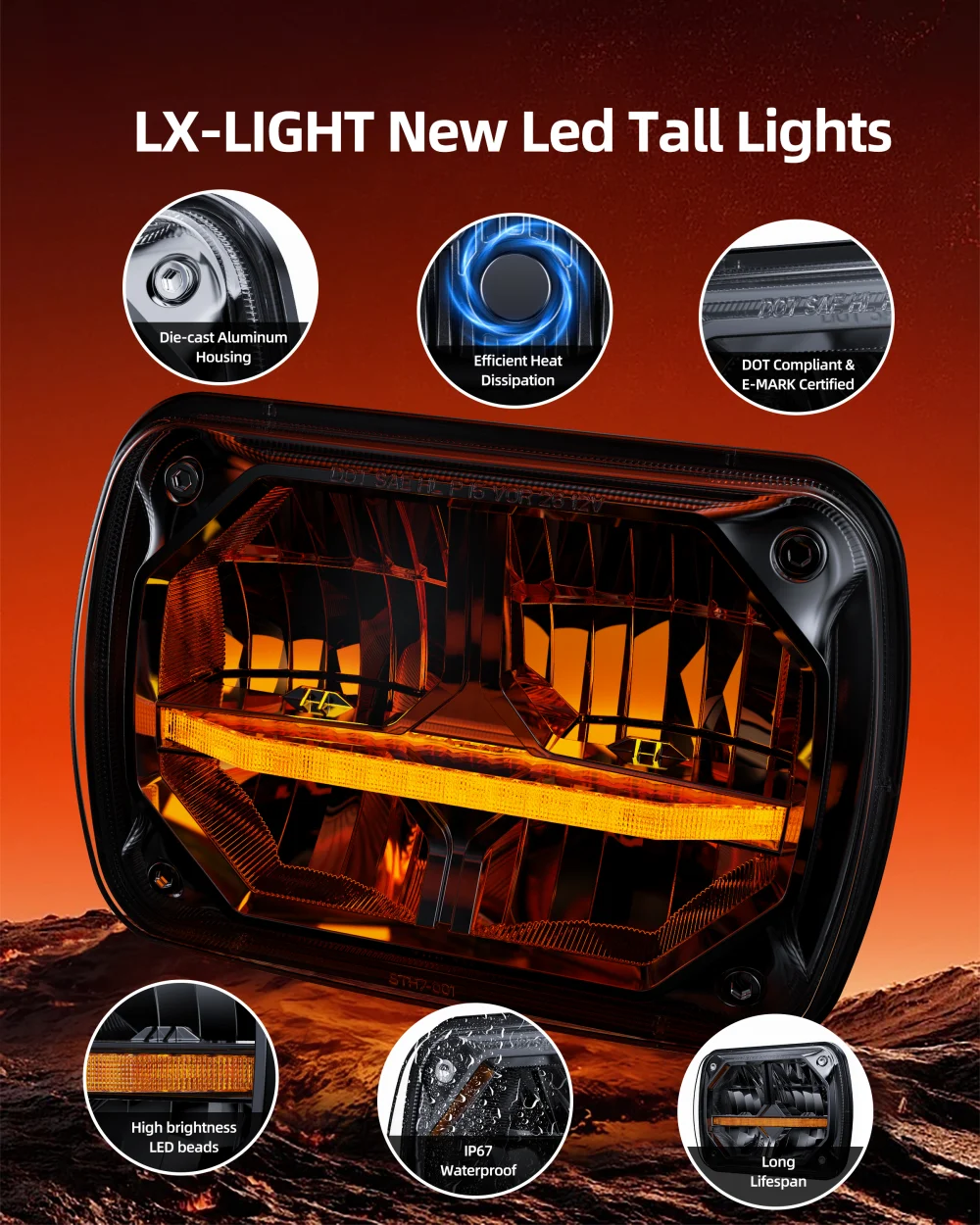 5x7 7x6 Inch Rectangular LED Headlights for Jeep Wrangler YJ Cherokee XJ GMC Ford Car headlamp with Hi/Low DRL 12v Turn signal