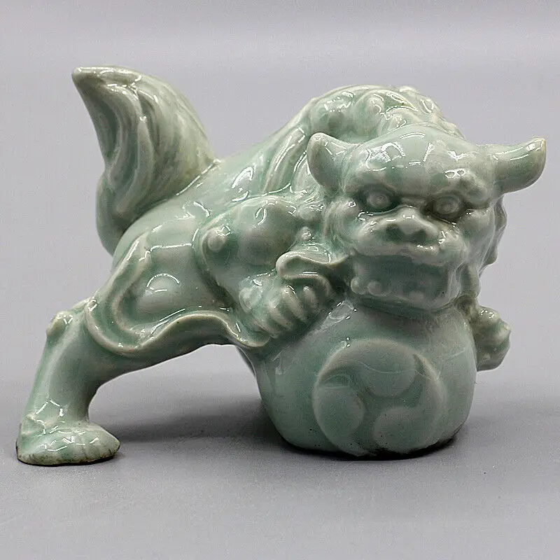 Porcelana china Song Hutian Kill Celadon, estatua de Foo Fu, perro, León, exhibición decorativa, regalo coleccionable, 3,54 pulgadas