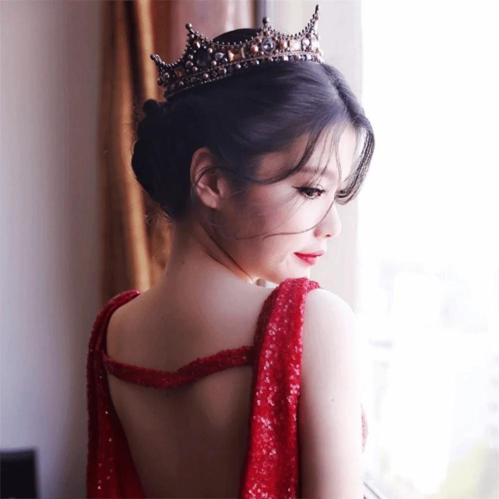 حجر الراين خمر الباروك تاج اللؤلؤ شكل دائري الزفاف الشعر مجوهرات الديكور مريحة لارتداء تاج الزفاف