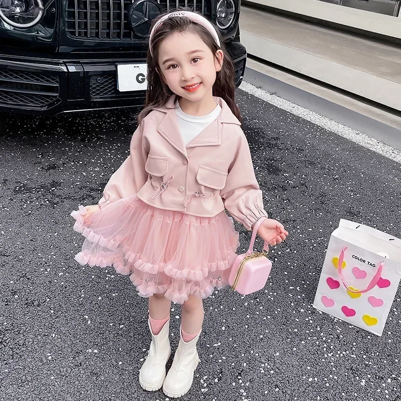 Girl Clothes Set Suit Autumn 2024 New Baby Simple Small Fragrant Wind Leather Coat Dress Kid Clothes Suit Turn Down Collar