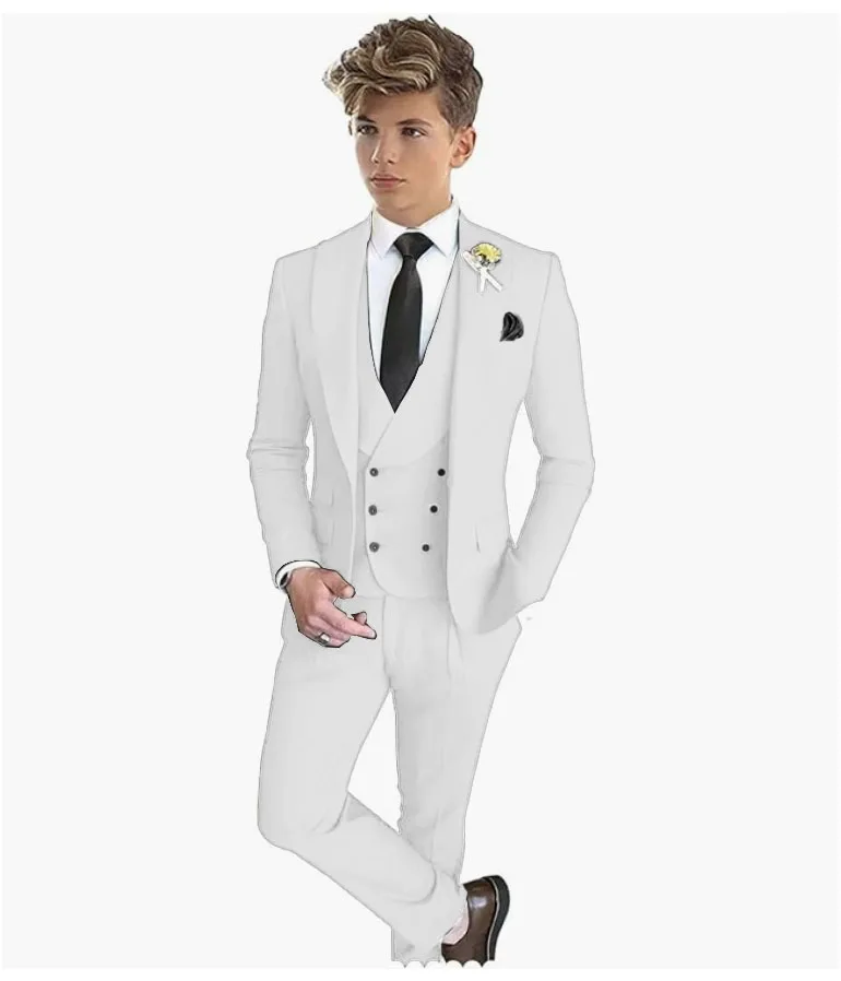 

3 Pieces White Boy Suit Peaked Lapel Slim Fit Wedding Tuxedos Kids Tailor Made 2-16 Years Old Clothes (Blazer+Pants+Vest)