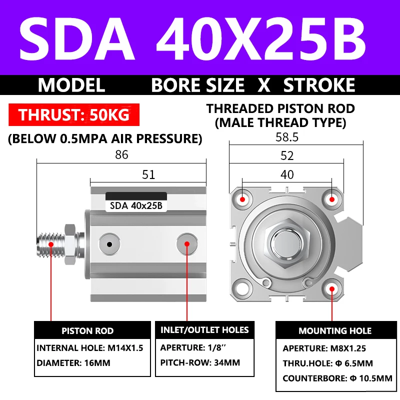 

ABILKEEN SDA40X25B Серия SDA Тонковоздушный цилиндр 40 мм с наружной резьбой Диаметр цилиндра X 25 мм Ход Пневматический компактный цилиндр двойного действия