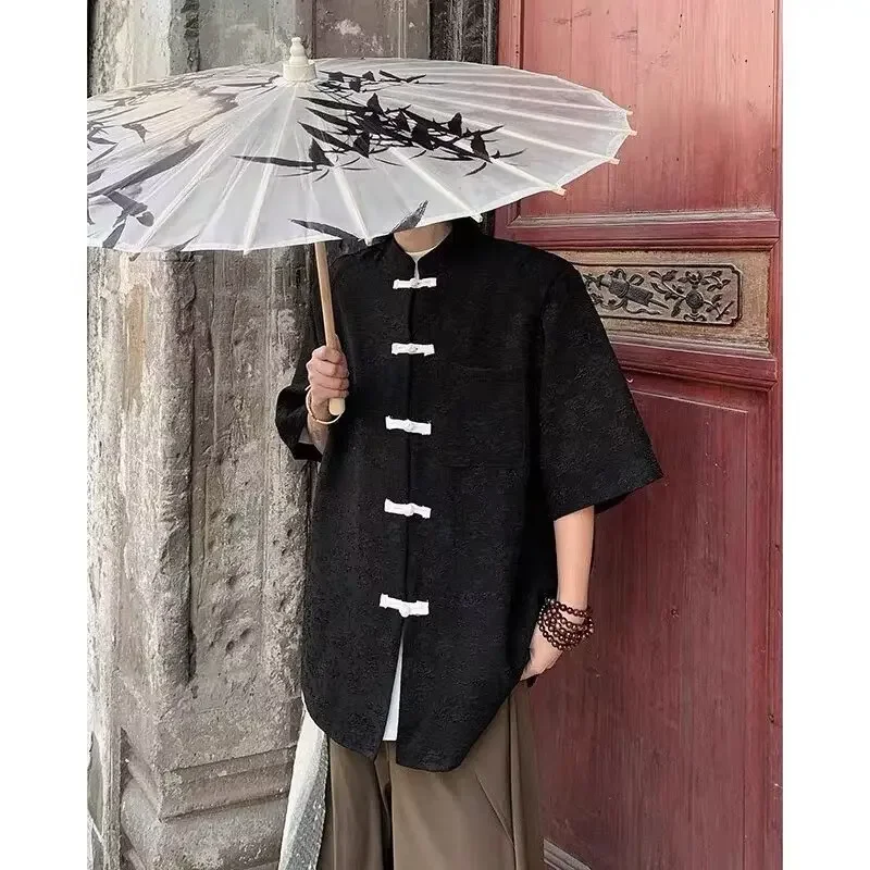 New Style Chinese National Short Sleeve Shirt Men Women's Vintage Summer Buttoned High-end Feel Loose-fit Jacket