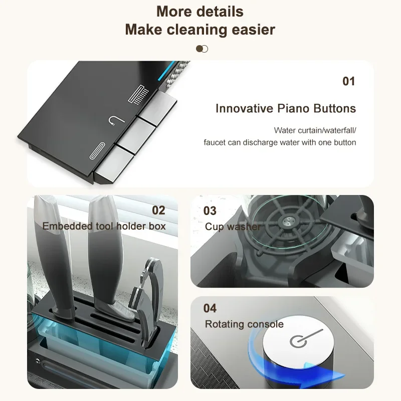 Stainless Steel Waterfall Kitchen Sink Digital Display Embossed Large Single-Slot Multifunctional Washbasin Utensils for Kitchen